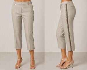 Cache Linen Blend Multi Color Bead Trim Crop Gaucho Pant Stretch New $98 NWT Sz2